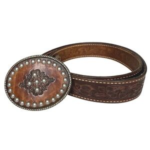 Tex Tan Cowboy Tooled Studded Leather Belt Oval Concho Buckle Size 42 Brown